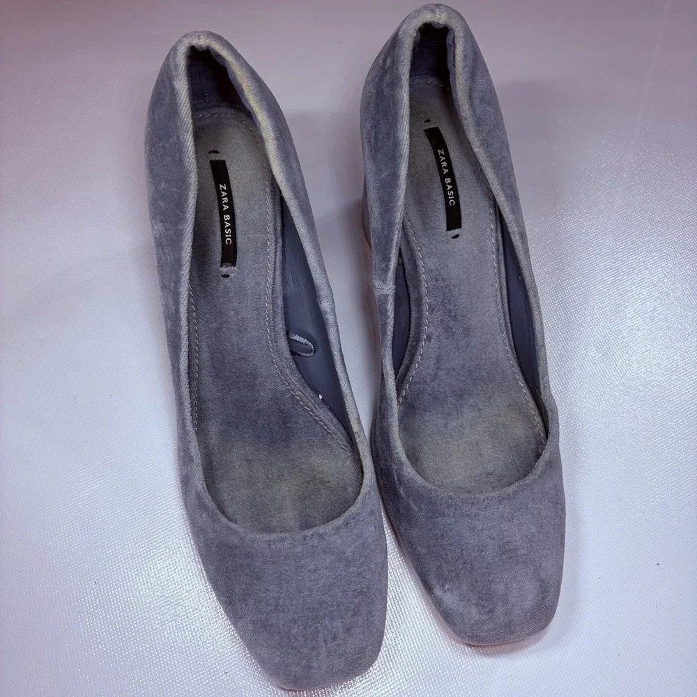 Zara Basic Blue/Gray Suede Block Heel Pumps Size 40 US 9 9.5 Square Toe Chunky